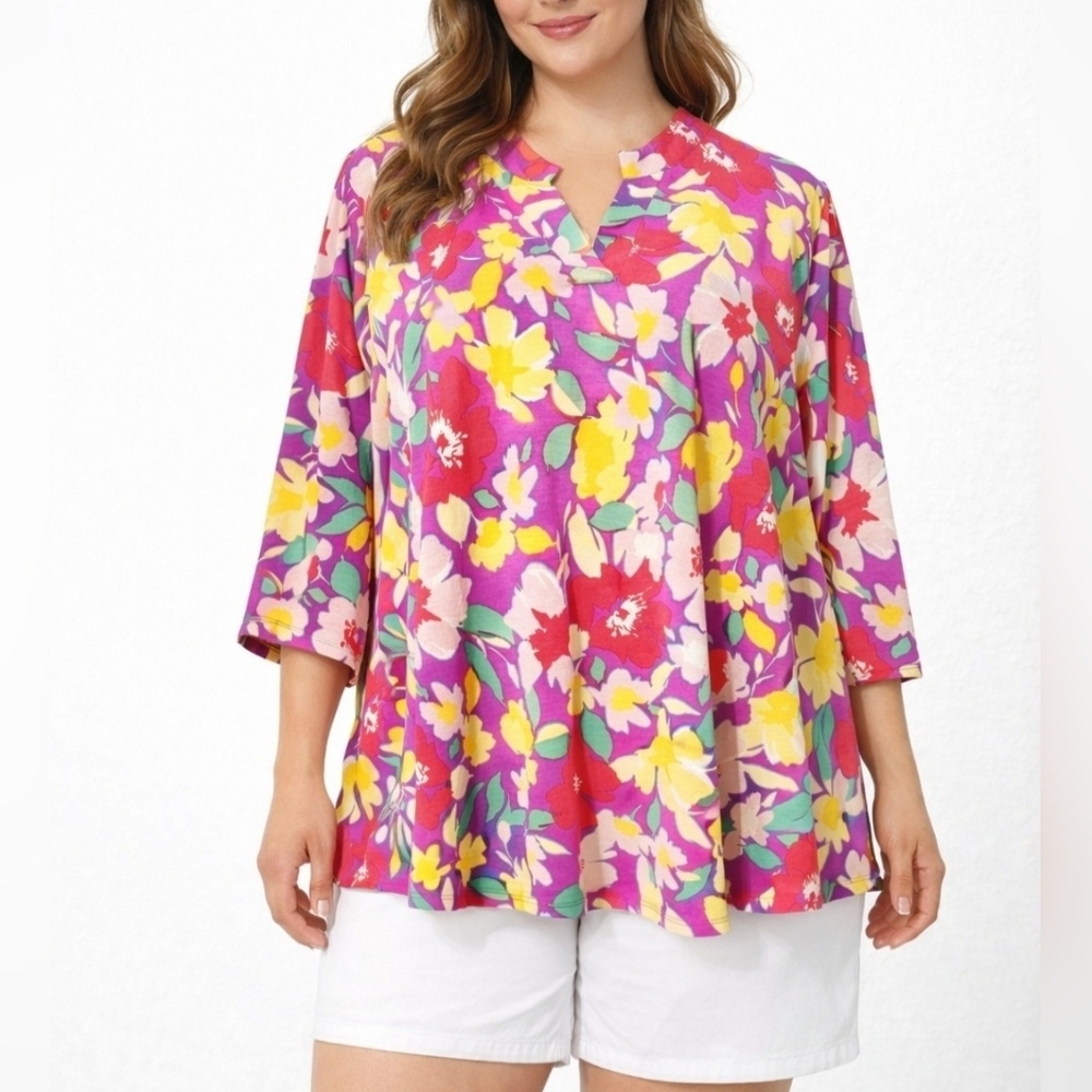 Dear Scarlett Floral Blouse Top Tunic XL Bright Pink Yellow Red Green 3/4 Sleeve